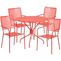 Flash Furniture CO-35RD-02CHR4-RED-GG 35.25" Round Coral Indoor/Outdoor Steel Patio Table Set with 4 Square Back Chairs