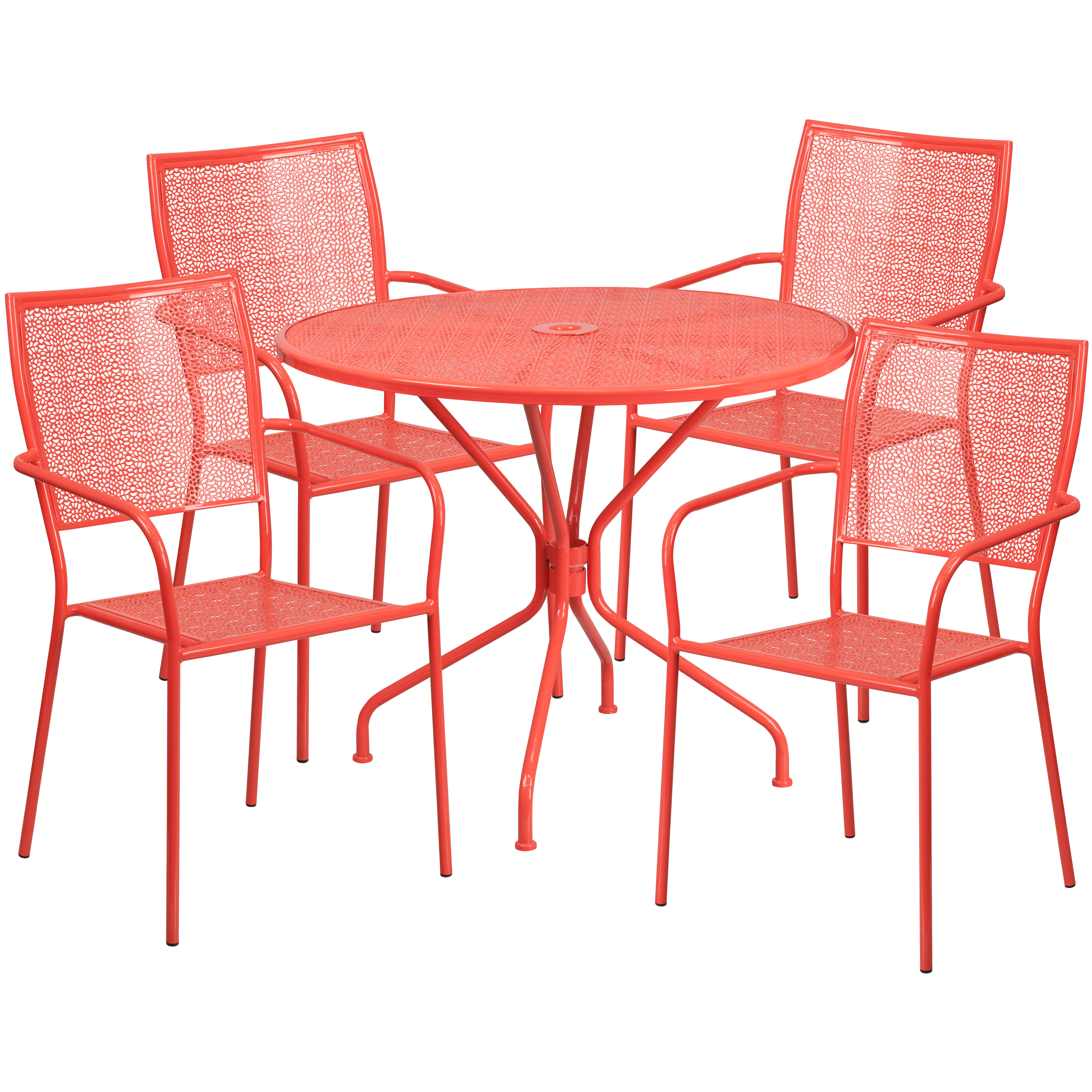 Flash Furniture CO-35RD-02CHR4-RED-GG 35.25" Round Coral Indoor/Outdoor Steel Patio Table Set with 4 Square Back Chairs