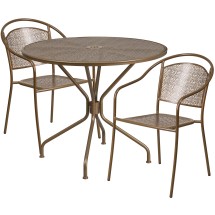 Flash Furniture CO-35RD-03CHR2-GD-GG 35.25" Round Gold Indoor/Outdoor Steel Patio Table Set with 2 Round Back Chairs
