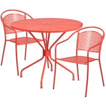 Flash Furniture CO-35RD-03CHR2-RED-GG 35.25" Round Coral Indoor/Outdoor Steel Patio Table Set with 2 Round Back Chairs