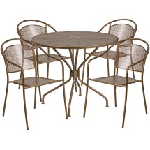 Flash Furniture CO-35RD-03CHR4-GD-GG 35.25" Round Gold Indoor/Outdoor Steel Patio Table Set with 4 Round Back Chairs