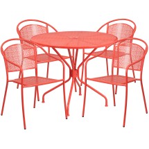 Flash Furniture CO-35RD-03CHR4-RED-GG 35.25" Round Coral Indoor/Outdoor Steel Patio Table Set with 4 Round Back Chairs