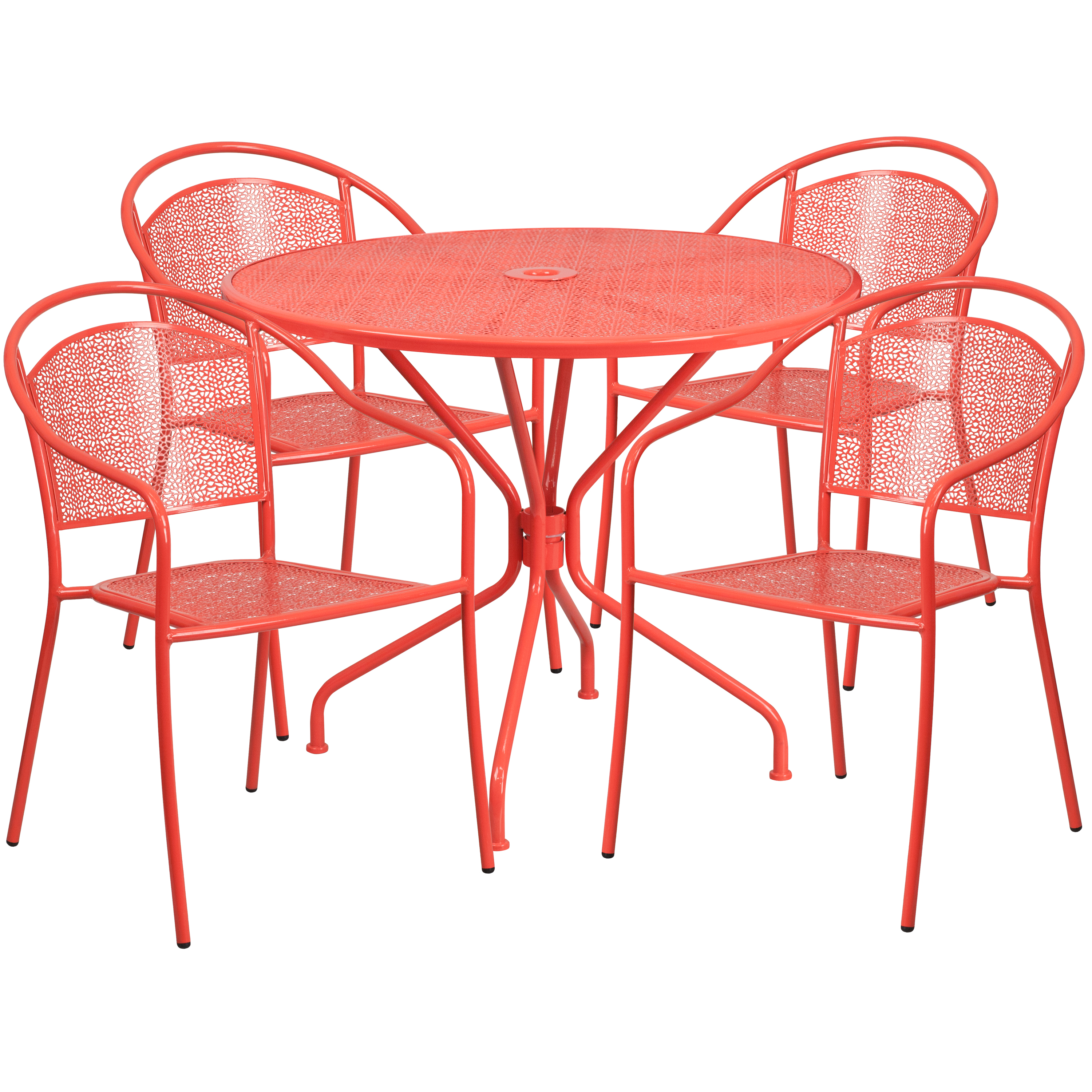 Flash Furniture CO-35RD-03CHR4-RED-GG 35.25" Round Coral Indoor/Outdoor Steel Patio Table Set with 4 Round Back Chairs