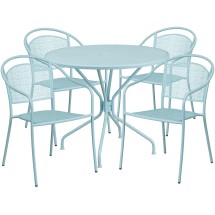 Flash Furniture CO-35RD-03CHR4-SKY-GG 35.25&quot; Round Sky Blue Indoor/Outdoor Steel Patio Table Set with 4 Round Back Chairs