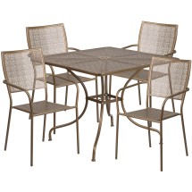 Flash Furniture CO-35SQ-02CHR4-GD-GG 35.5" Square Gold Indoor/Outdoor Steel Patio Table Set with 4 Square Back Chairs