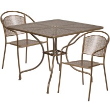 Flash Furniture CO-35SQ-03CHR2-GD-GG 35.5" Square Gold Indoor/Outdoor Steel Patio Table Set with 2 Round Back Chairs
