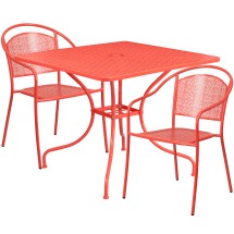 Flash Furniture CO-35SQ-03CHR2-RED-GG 35.5" Square Coral Indoor/Outdoor Steel Patio Table Set with 2 Round Back Chairs
