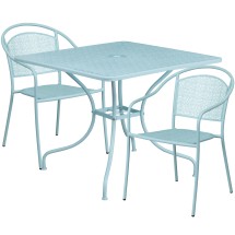 Flash Furniture CO-35SQ-03CHR2-SKY-GG 35.5" Square Sky Blue Indoor/Outdoor Steel Patio Table Set with 2 Round Back Chairs
