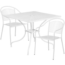 Flash Furniture CO-35SQ-03CHR2-WH-GG 35.5" Square White Indoor/Outdoor Steel Patio Table Set with 2 Round Back Chairs