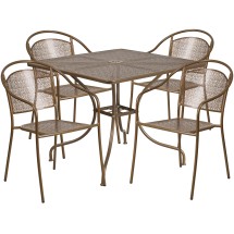 Flash Furniture CO-35SQ-03CHR4-GD-GG 35.5" Square Gold Indoor/Outdoor Steel Patio Table Set with 4 Round Back Chairs