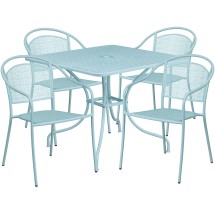 Flash Furniture CO-35SQ-03CHR4-SKY-GG 35.5" Square Sky Blue Indoor/Outdoor Steel Patio Table Set with 4 Round Back Chairs