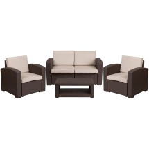 Flash Furniture DAD-SF-112T-CBN-GG 4 Piece Outdoor Seneca Chocolate Brown Faux Rattan Chair, Loveseat and Table Set 