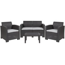 Flash Furniture DAD-SF-112T-DKGY-GG 4 Piece Outdoor Seneca Dark Gray Faux Rattan Chair, Loveseat and Table Set 