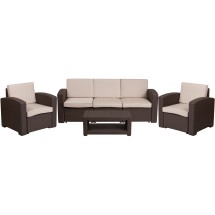 Flash Furniture DAD-SF-113R-CBN-GG 4 Piece Outdoor Seneca Chocolate Brown Faux Rattan Chair, Sofa and Table Set 