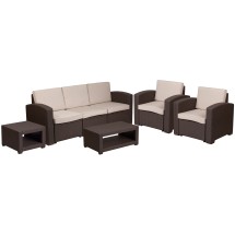 Flash Furniture DAD-SF-113RS-CBN-GG 5 Piece Outdoor Seneca Chocolate Brown Faux Rattan Chair, Sofa and Table Set 