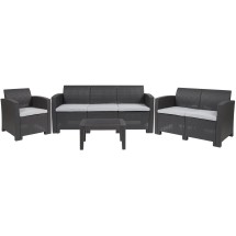 Flash Furniture DAD-SF-123T-DKGY-GG 4 Piece Outdoor Seneca Dark Gray Faux Rattan Chair, Loveseat, Sofa and Table Set