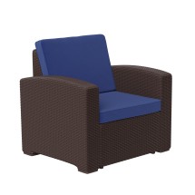 Flash Furniture DAD-SF1-1-BNNV-GG Seneca Brown Faux Rattan Chair with All-Weather Navy Cushion