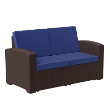 Flash Furniture DAD-SF1-2-BNNV-GG Seneca Brown Faux Rattan Loveseat with All-Weather Navy Cushions