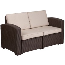 Flash Furniture DAD-SF1-2-GG Seneca Chocolate Brown Faux Rattan Loveseat with All-Weather Beige Cushions