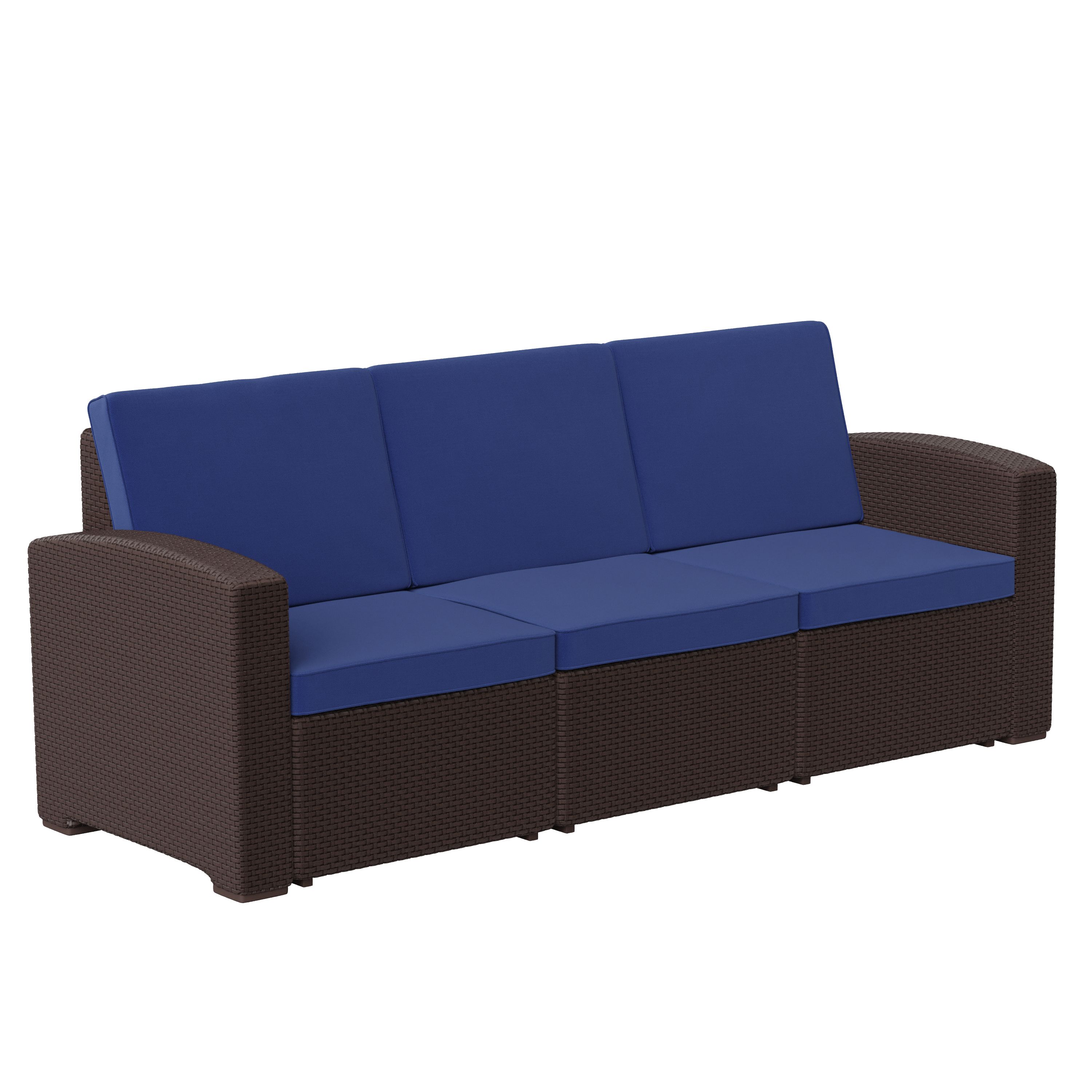 Flash Furniture DAD-SF1-3-BNNV-GG Seneca Brown Faux Rattan Sofa with All-Weather Navy Cushions