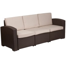 Flash Furniture DAD-SF1-3-GG Seneca Chocolate Brown Faux Rattan Sofa with All-Weather Beige Cushions