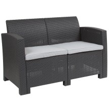 Flash Furniture DAD-SF2-2-DKGY-GG Seneca Dark Gray Faux Rattan Loveseat with All-Weather Seneca Light Gray Cushions