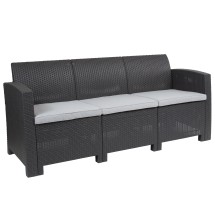 Flash Furniture DAD-SF2-3-DKGY-GG Seneca Dark Gray Faux Rattan Sofa with All-Weather Seneca Light Gray Cushions