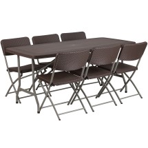 Flash Furniture DAD-YCZ-172-61-GG 5.62' Brown Rattan Indoor/Outdoor Plastic Folding Table Set with 6 Chairs