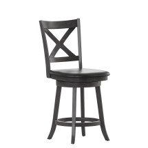 Flash Furniture ES-UN1-24-GY-GG Wood Crossback Swivel Counter Height Barstool with Black LeatherSoft Seat, Gray Wash Walnut