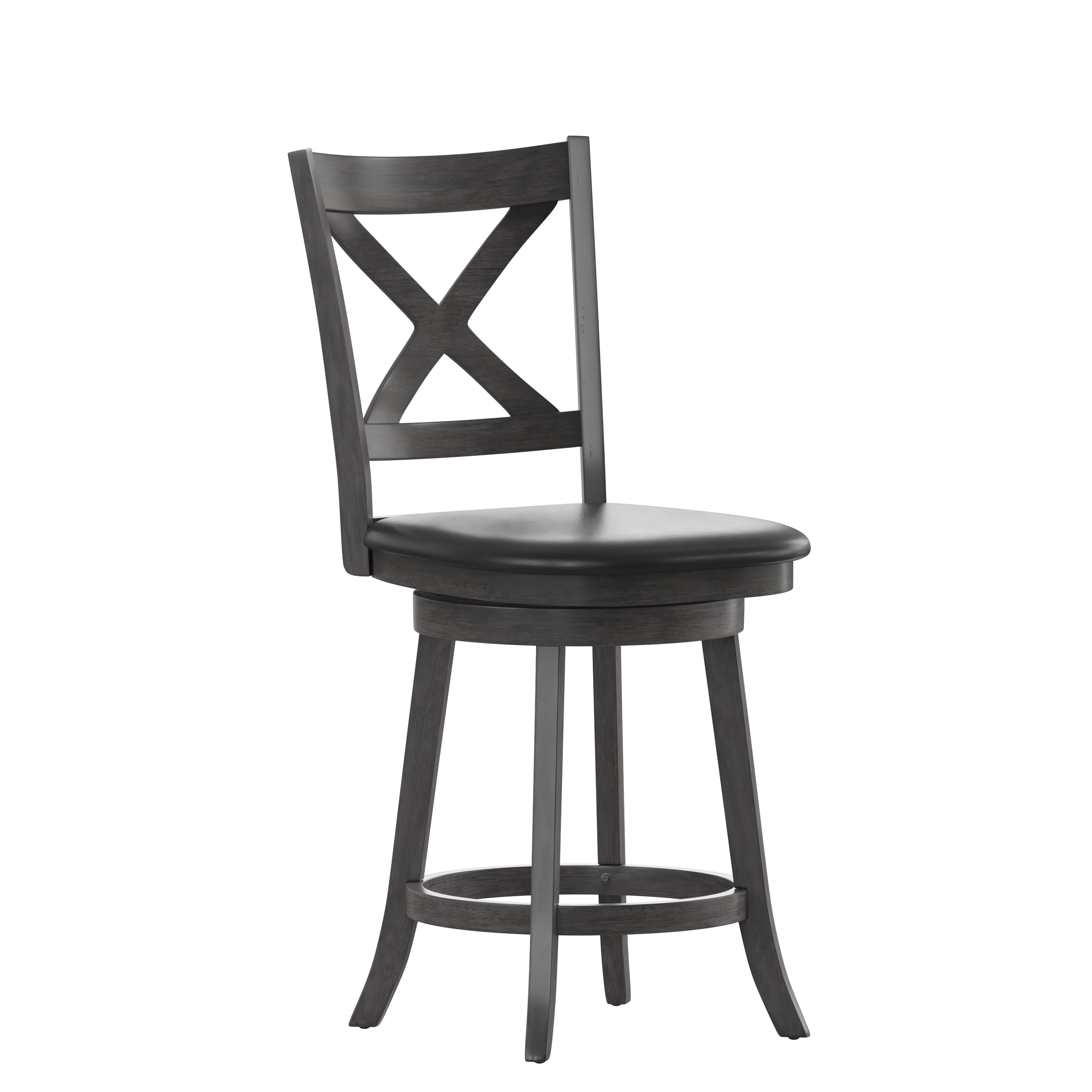 Flash Furniture ES-UN1-24-GY-GG Wood Crossback Swivel Counter Height Barstool with Black LeatherSoft Seat, Gray Wash Walnut