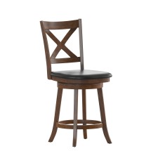 Flash Furniture ES-UN1-24-OAK-GG Wood Crossback Swivel Counter Height Barstool with Black LeatherSoft Seat, Antique Oak