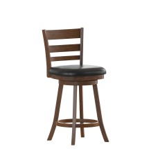 Flash Furniture ES-UN3-24-OAK-GG Wood Ladderback Swivel Counter Height Barstool with Black LeatherSoft Seat, Antique Oak