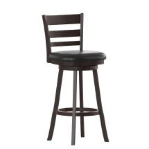 Flash Furniture ES-UN3-29-ESP-GG Wood Ladderback Swivel Bar Height Barstool with Black LeatherSoft Seat, Espresso