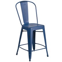 Flash Furniture ET-3534-24-AB-GG 24" Distressed Antique Blue Metal Indoor/Outdoor Counter Height Stool with Back