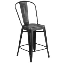 Flash Furniture ET-3534-24-BK-GG 24&quot; Distressed Black Metal Indoor/Outdoor Counter Height Stool with Back