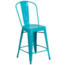 Flash Furniture ET-3534-24-CB-GG 24" Crystal Teal-Blue Metal Indoor/Outdoor Counter Height Stool with Back