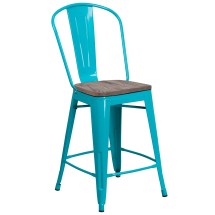 Flash Furniture ET-3534-24-CB-WD-GG 24" Crystal Teal-Blue Metal Counter Height Stool with Back and Wood Seat
