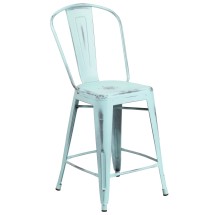Flash Furniture ET-3534-24-DB-GG 24&quot; Distressed Green-Blue Metal Indoor/Outdoor Counter Height Stool with Back