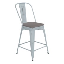 Flash Furniture ET-3534-24-DB-PL1G-GG 24&quot; Green-Blue Metal Indoor/Outdoor Counter Height Stool with Back with Gray Poly Resin Wood Seat