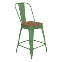 Flash Furniture ET-3534-24-GN-PL1T-GG 24" Green Metal Indoor/Outdoor Counter Height Stool with Back with Teak Poly Resin Wood Seat