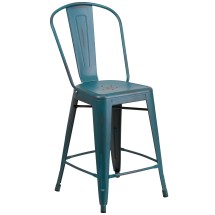 Flash Furniture ET-3534-24-KB-GG 24" Distressed Kelly Blue-Teal Metal Indoor/Outdoor Counter Height Stool with Back