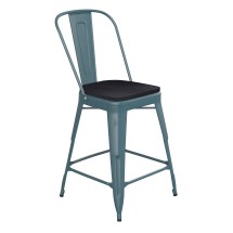 Flash Furniture ET-3534-24-KB-PL1B-GG 24" Kelly Blue-Teal Metal Indoor/Outdoor Counter Height Stool with Back with Black Poly Resin Wood Seat