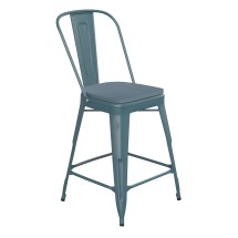 Flash Furniture ET-3534-24-KB-PL1C-GG 24" Kelly Blue-Teal Metal Indoor/Outdoor Counter Height Stool with Back with Teal-Blue Poly Resin Wood Seat