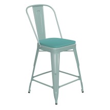 Flash Furniture ET-3534-24-MINT-PL1M-GG 24&quot; Mint Green Metal Indoor/Outdoor Counter Height Stool with Back with Mint Green Poly Resin Wood Seat
