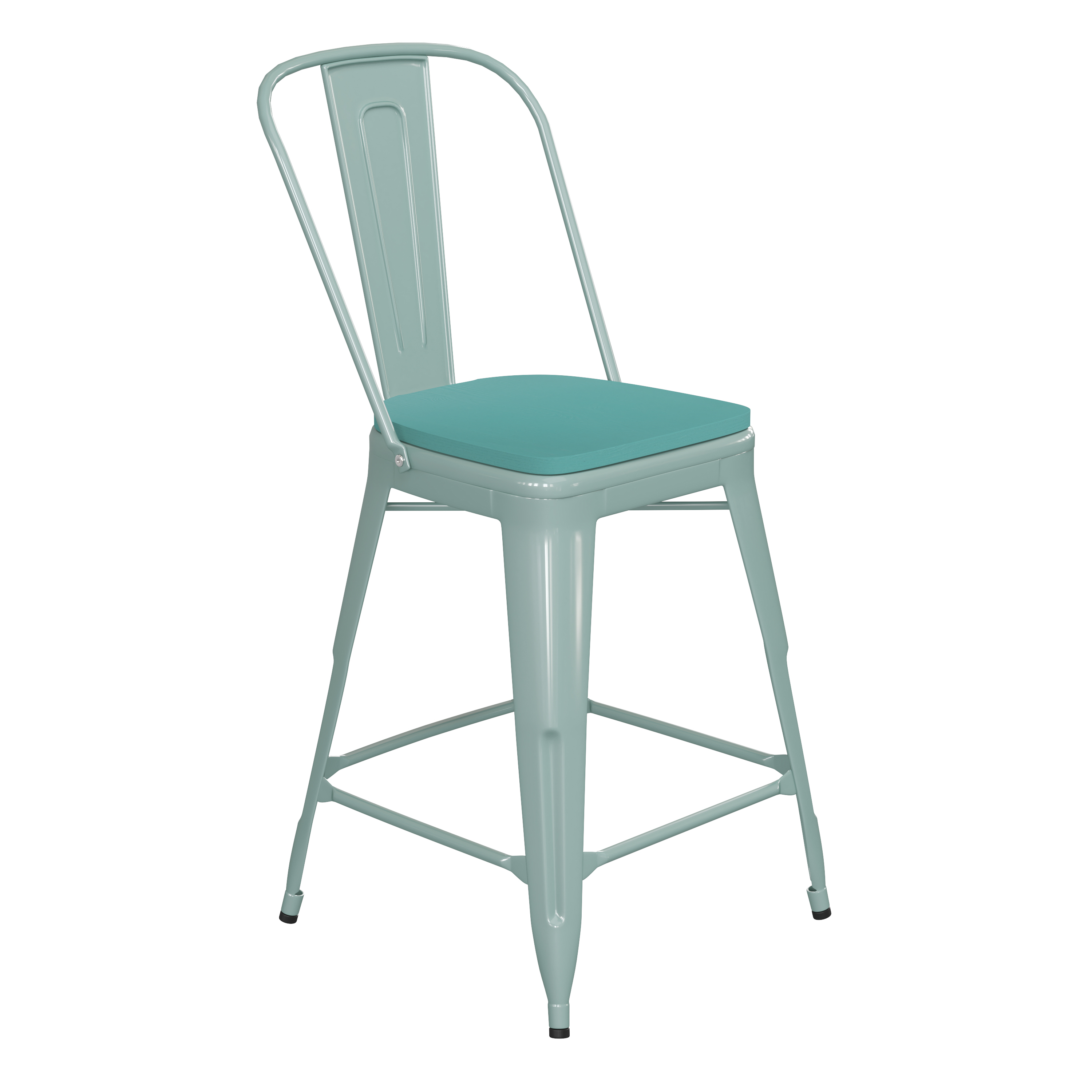Flash Furniture ET-3534-24-MINT-PL1M-GG 24" Mint Green Metal Indoor/Outdoor Counter Height Stool with Back with Mint Green Poly Resin Wood Seat
