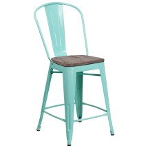 Flash Furniture ET-3534-24-MINT-WD-GG 24" Mint Green Metal Counter Height Stool with Back and Wood Seat