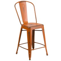 Flash Furniture ET-3534-24-OR-GG 24&quot; Distressed Orange Metal Indoor/Outdoor Counter Height Stool with Back