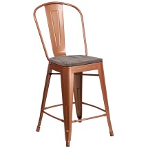 Flash Furniture ET-3534-24-POC-WD-GG 24" Copper Metal Counter Height Stool with Back and Wood Seat