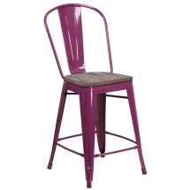 Flash Furniture ET-3534-24-PUR-WD-GG 24&quot; Purple Metal Counter Height Stool with Back and Wood Seat