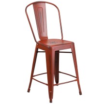 Flash Furniture ET-3534-24-RD-GG 24" Distressed Kelly Red Metal Indoor/Outdoor Counter Height Stool with Back